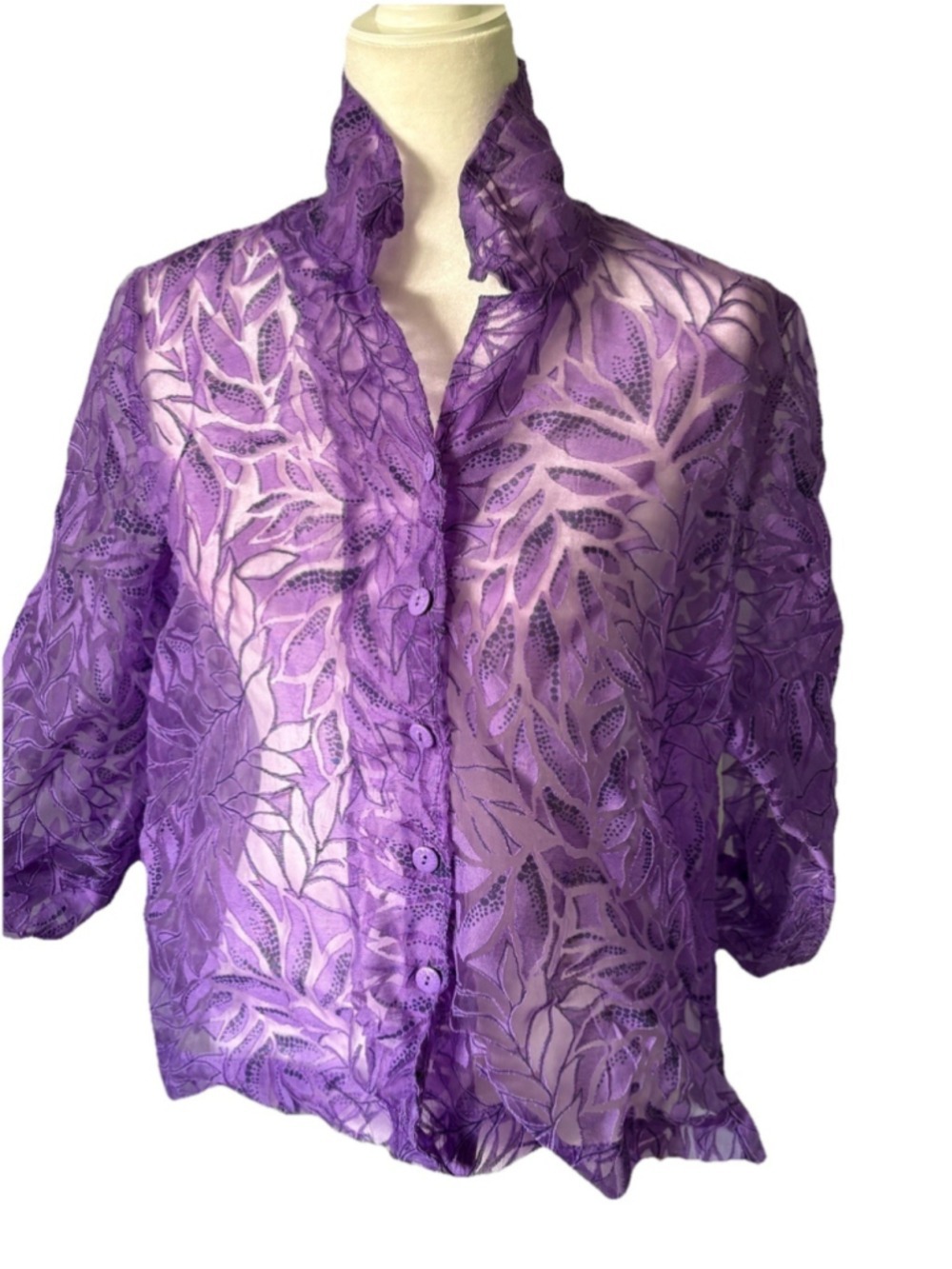 City Blues by Koret Purple Burnout Floral Blouse Sheer Shirt Petite Large PL